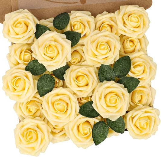 N&T NIETING Artificial Flowers, 25Pcs Fake Flowers Goose Yellow Roses Perfect for DIY Wedding Bouquets Centerpieces Bridal Shower Party Home Flower Arrangement Decorations
