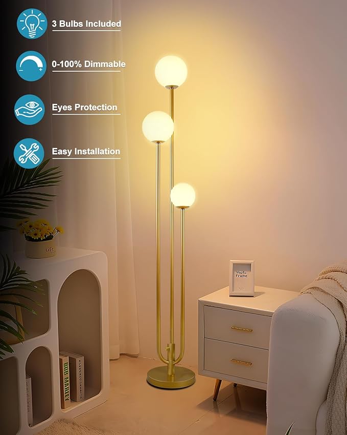 63IN 3-Light Dimmable Floor Lamp, Unique Tall Standing Lamps with 3 Gold Poles and 3000K G9 Bulbs for Reading, Mid Century Modern Floor Lamp for Living Room Bedroom Home Office