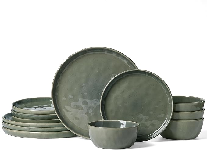 Famiware Mars Plates and Bowls Set, 12 Pieces Dinnerware Sets, Dishes Set for 4, Sage Green
