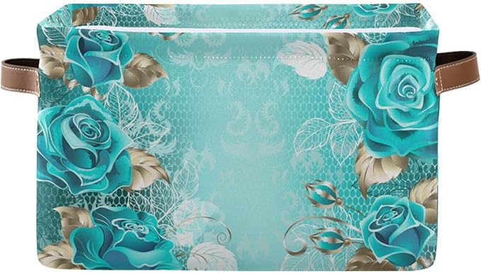 Wamika Turquoise Blue Green Rose Storage Basket Fabric Laundry Baskets Spring Flowers Leaves Storage Boxes Organizer Bag for Baby Cloth Dog Toy Book Storage Cubes Shelf Closet Bins 16x12x8 Inches