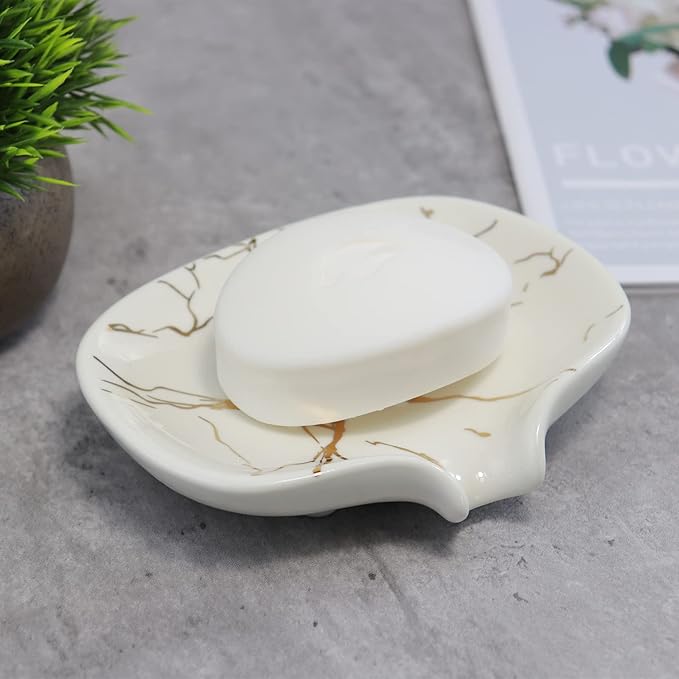 Ceramic Marble Texture Soap Dish,Self Draining Slot,Ceramic Self Draining Soap Dish Portable,Bathroom Accessories for Shower,Bathroom,Kitchen, Sink,Countertop,for Travelling,Camping,Gym