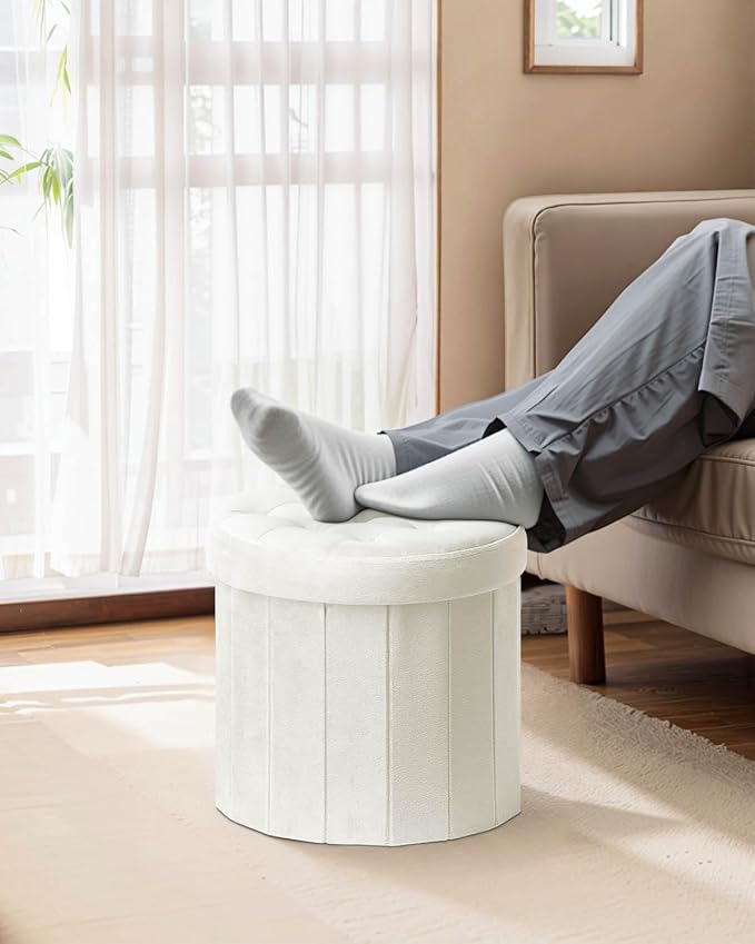 Folding Storage Ottoman Round 15Inch, Foot Stool with Thicker Foam Padded Seat Small Velvet Storage Ottoman Bench Foot Rest for Living Room Foldable Coffee Table,Beige
