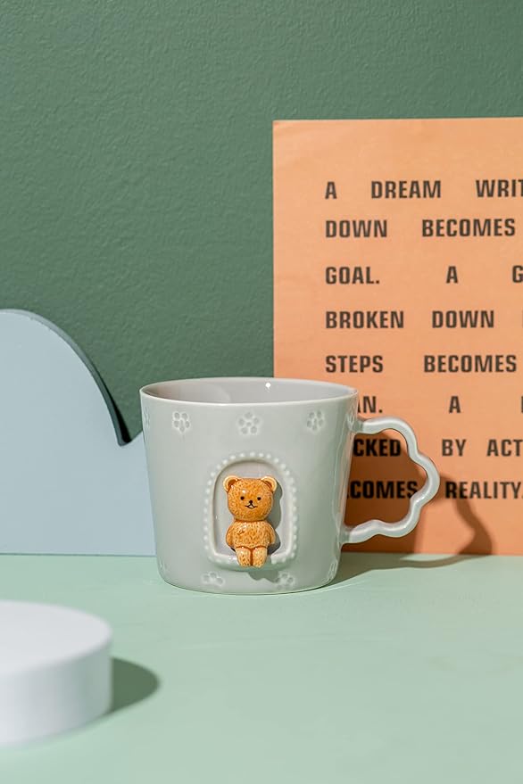 DIHOclub Bear Ceramic Cup Window Animals Mug Cute Cartoon Handmade Figurine Mugs,Holiday and Birthday Gift for Daughter,Son,Kids,9 OZ (Grey)