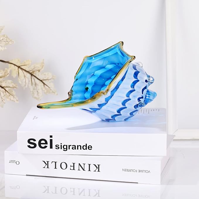 DOVDOV Hand Blown Glass Shell Decoration, Modern Art Glass Conch Statue, Blue and White Home Decorative Shells for Home Living Room, Coffee Table, TV Stand, entryway Entrance, Mantelpiece Decoration