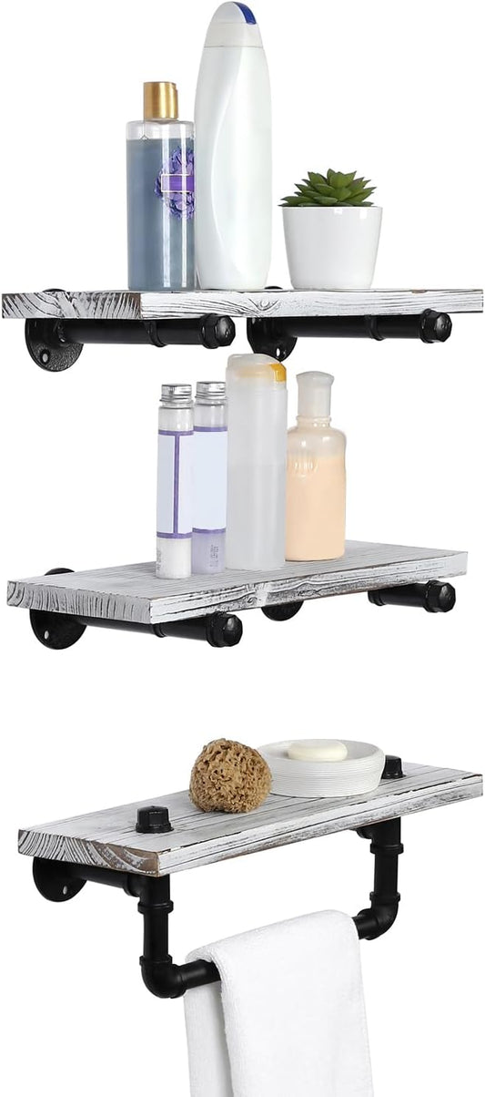 MyGift Wall Mounted White Washed Solid Wood Floating Shelf Organizer, 3 Piece Set Mounted Bathroom Display Shelf with Towel Bar and Industrial Metal Pipe Brackets