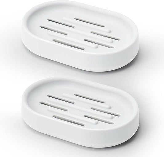 Topsky 2 Pack Soap Dish for Shower, Sink, Bathtub, Oval Plastic White Soap Bar Holder with Drain, Easy to Clean, Durable