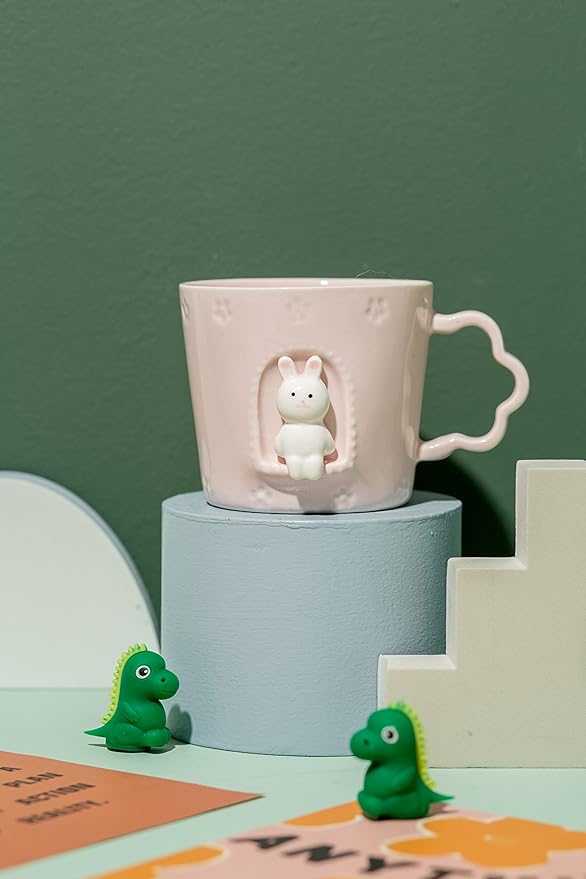 DIHOclub Rabbit Ceramic Cup Window Animals Mug Cute Cartoon Handmade Figurine Mugs,Holiday and Birthday Gift for Daughter,Son,Kids,9 OZ (Pink)