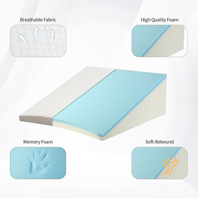Wedge Pillow for Sleeping, 8 Inch Cooling Triangle Bed Pillow with Removable Cover, Elevated Body Pillow for Back Support, After Surgery, Snoring, Neck, Leg and Acid Reflux