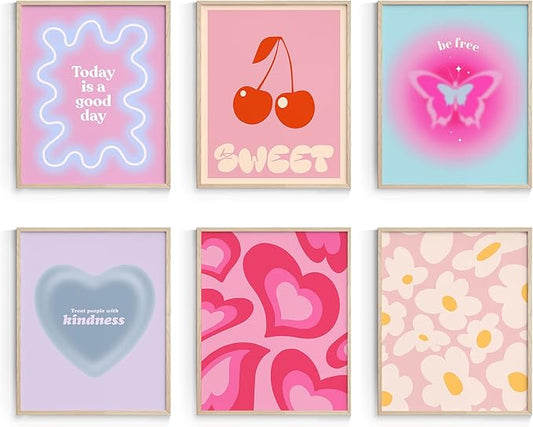 Habseligkeit Pink Gradient Aura Posters for Room Decor Aesthetic, Danish Pastel Cute Room Decor, Cozy Wall Art Prints for Girs Dorm Aesthetic Decor Unframed, 11x14in, Set of 6