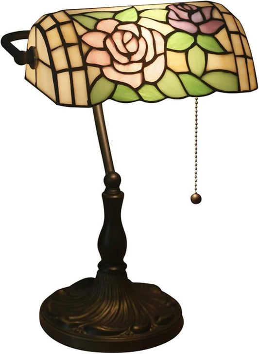 Tiffany Style Bankers Table Lamp Stained Glass Piano Desk Lamp Vintage Bedroom Bedside Lamp for Study,Antique Alloy Base,Zipper Switch,Rose c