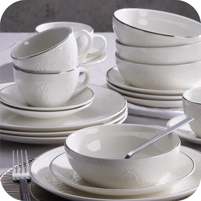 Corona 20–piece Silver-Rim Elegant Embossed Floral Pattern Ceramic Dinnerware Sets, Plates Bowls and Cups, Service For 4, Harmony