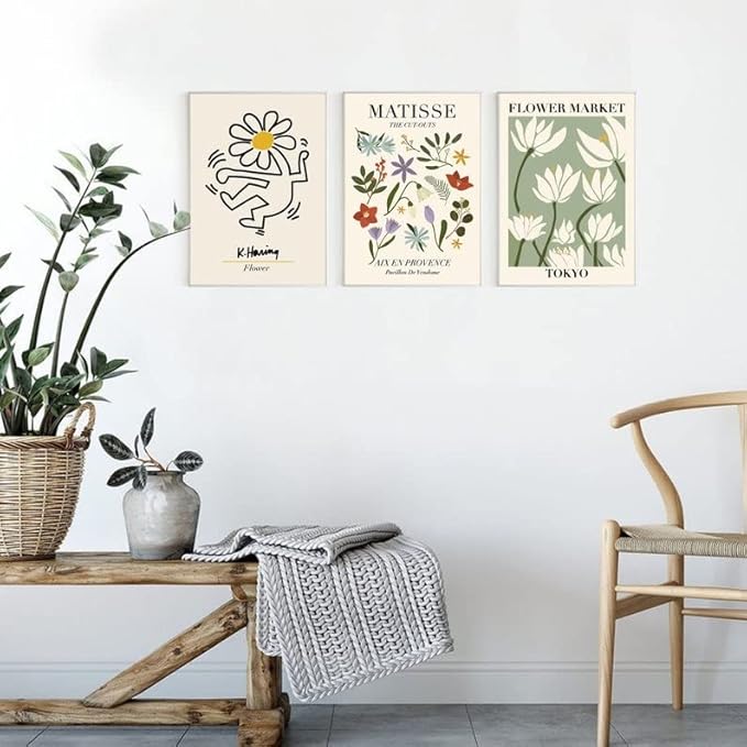 Matisse Art wall Décor,Flower Market Print Set of 3, Keith Haring Wall Art,11x14in Unframed Real Quality Canvas Paintings for Art Poster Decoration in kitchen, bathroom,living room,bedroom