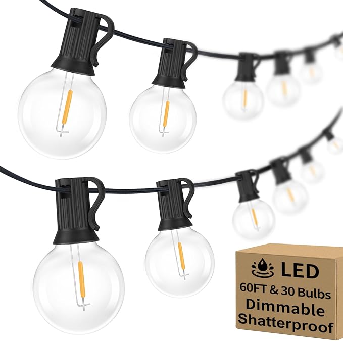 60FT Outdoor G40 LED Globe String Lights Dimmable Waterproof Shatterproof Light Strings with 30 Bulbs Connectable Commercial Hanging Lights for Christmas Patio House Backyard Balcony Party