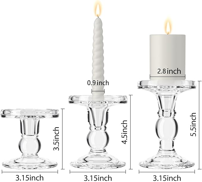 Clear Glass Candle Holders for Taper Candles 3 Pack (Total 9 Pcs), Pillar Candles Tealight Candle Holder for Wedding, Dinning and Decoration-Fit 0.9" to 2.8" Premium Multipurpose Candles