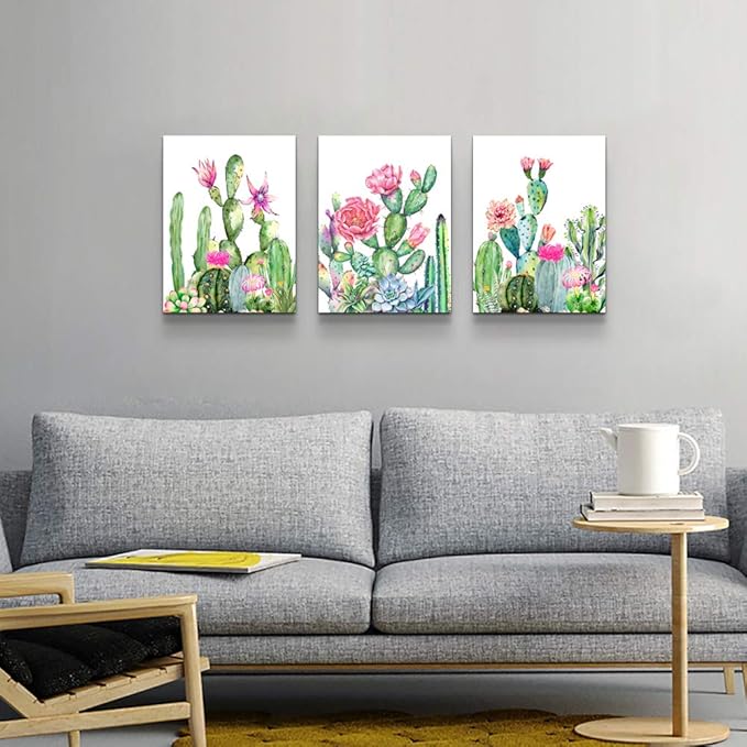 Canvas Wall Art for living room bathroom Wall Decor for bedroom kitchen artwork Canvas Prints green cactus flowers painting 12" x 16" 3 Pieces Modern framed office Home decorations family picture