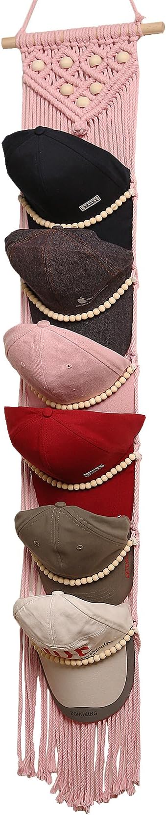 Ball Cap Hanger-1 Pack-Boho Macrame Cap Holder Wall Hat Organizer for Baseball Cap Holder Over Door, Hat Rack for Wall, Cap Rack for Decoration and Display(Pink)