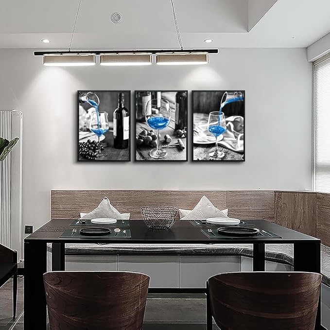TTHYUEWS Black Framed Wall Art For Kitchen Modern Wall Decor For Dining Room Black And White Wall Paintings Blue Wine Glasses Pictures Prints Artwork Ready To Hang For Restaurant Home Decor 3 Piece