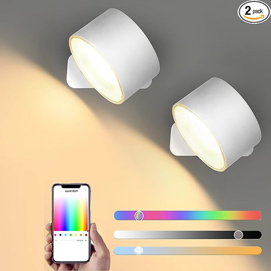 Lightess LED Smart Wall Sconces Set of 2, Dimmable Wall Mounted Lamp with 3 Lighting & RGB & Ambiance Mode, APP & Touch Control, Rechargeable Battery Operated Wall Light for Bedside Reading, White