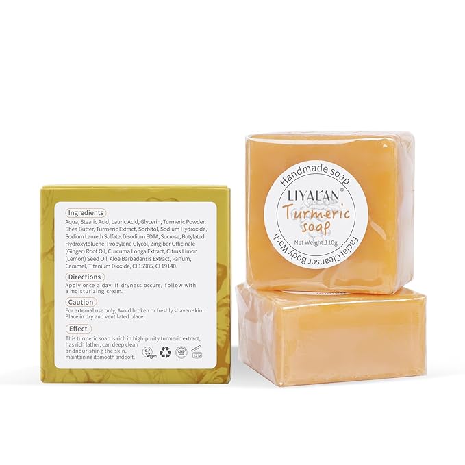 LIYALAN Turmeric Soap Bar 3.88 oz X 2Bars for Face Body Smooth Skin,Cleansing Natural Handmade Sensitive Skin Vegan Formula