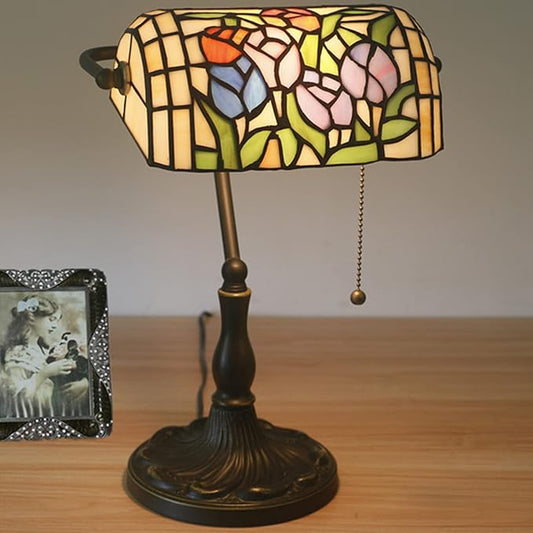 Tiffany Style Bankers Table Lamp Stained Glass Piano Desk Lamp Vintage Bedroom Bedside Lamp for Study,Antique Alloy Base,Zipper Switch,Tulip