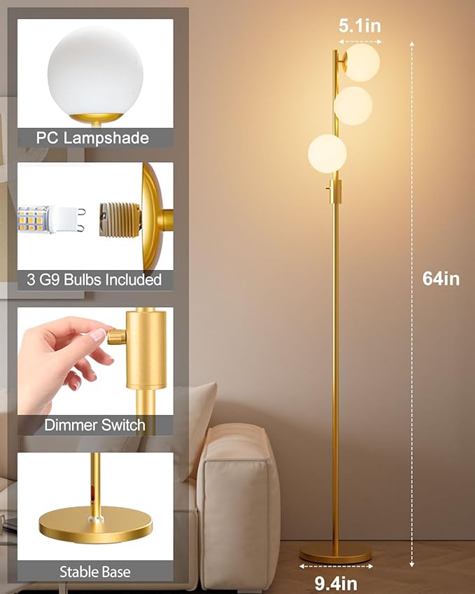 64IN Dimmable Gold Floor Lamp, Tall Standing Lamps with 3 Globe Soft Warm White Eye Care 3000K G9 Bulbs, Mid Century Modern Floor Lamp for Bedroom Office