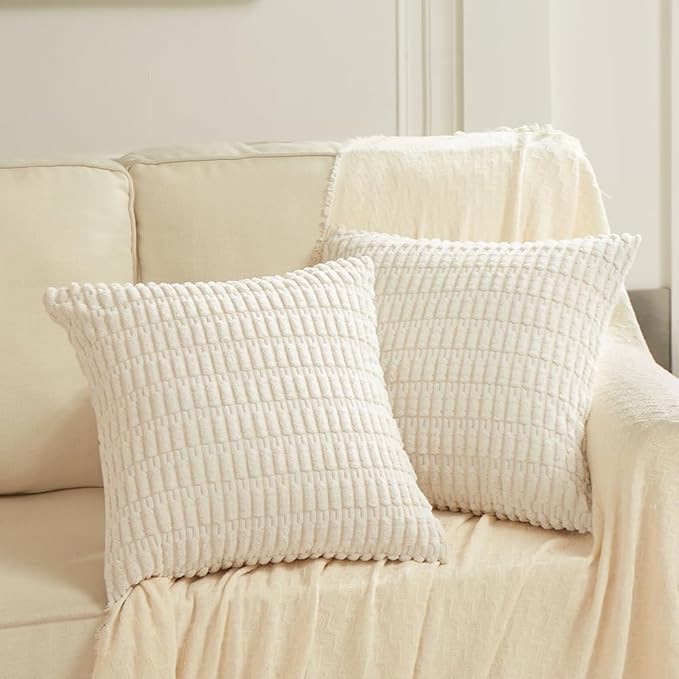 Fancy Homi 4 Packs Boho Cream Decorative Throw Pillow Covers 26x26 Inch for Living Room Couch Bed Sofa, Rustic Modern Farmhouse Home Decor, Soft Plush Corduroy Beige Cute Square Cushion Case 66x66 cm