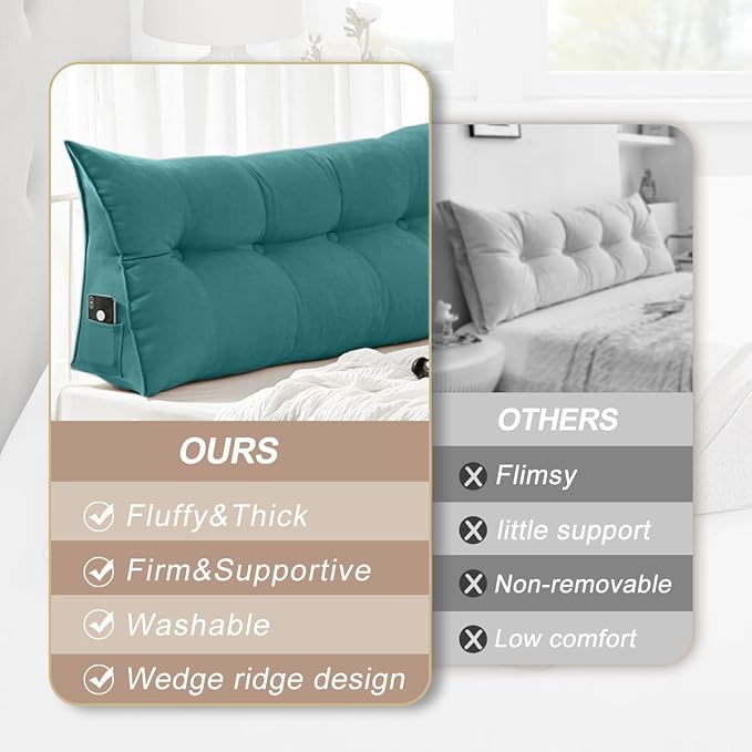 Large Triangular Headboard Pillows Long Backrest Positioning Support Bolster Cushion for Daybed Fluffy Quality Plush Body Wedge Pillow with Removable Cover(Light Blue-Cal King-71x8x20 in)
