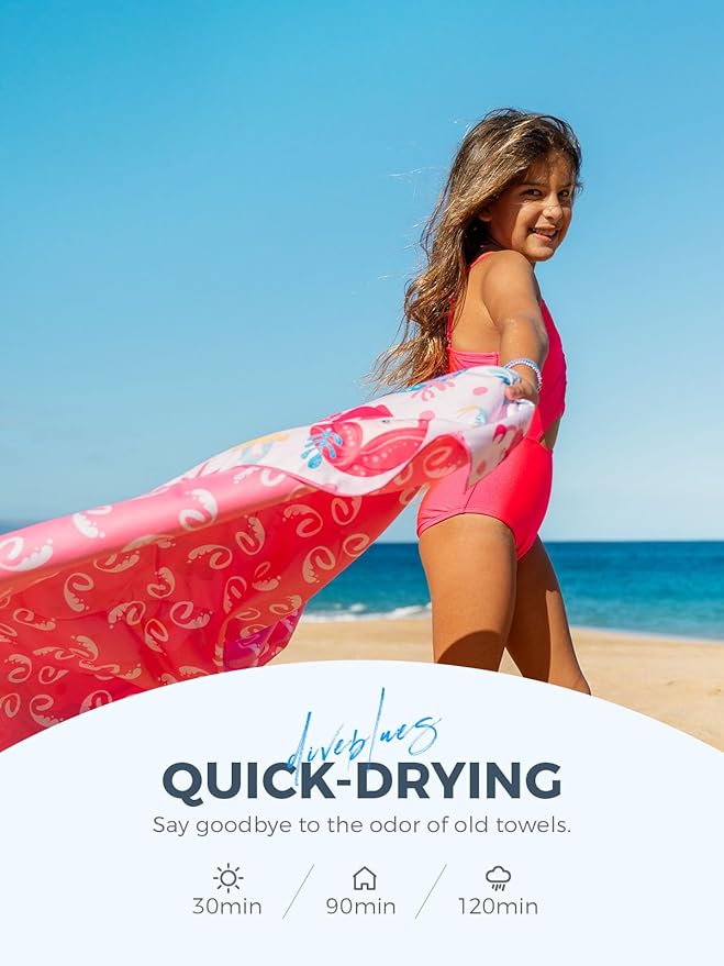 Kids Beach Towel 60''x30'', Quick Dry, Sand Free, Compact, Lightweight, Absorbent, Girls & Boys Large Microfiber Towels for Pool, Swim, Cruise Essentials, Mermaid