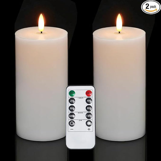 Homemory White 3x6 Inch Flameless Candles Battery Operated with Remote Timer, Real Wax LED Pillar Candle for Home Fireplace Bedroom Living Room Party, Set of 2