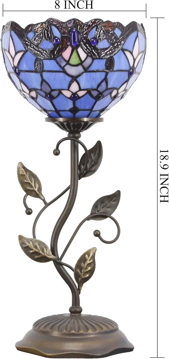 Small Tiffany Lamp Stained Glass Table Lamp Uplight Accent Lamp with Metal Leaf Base Blue Baroque Style Desk Light 8X19 Inch for Home Office Living Room Bedroom