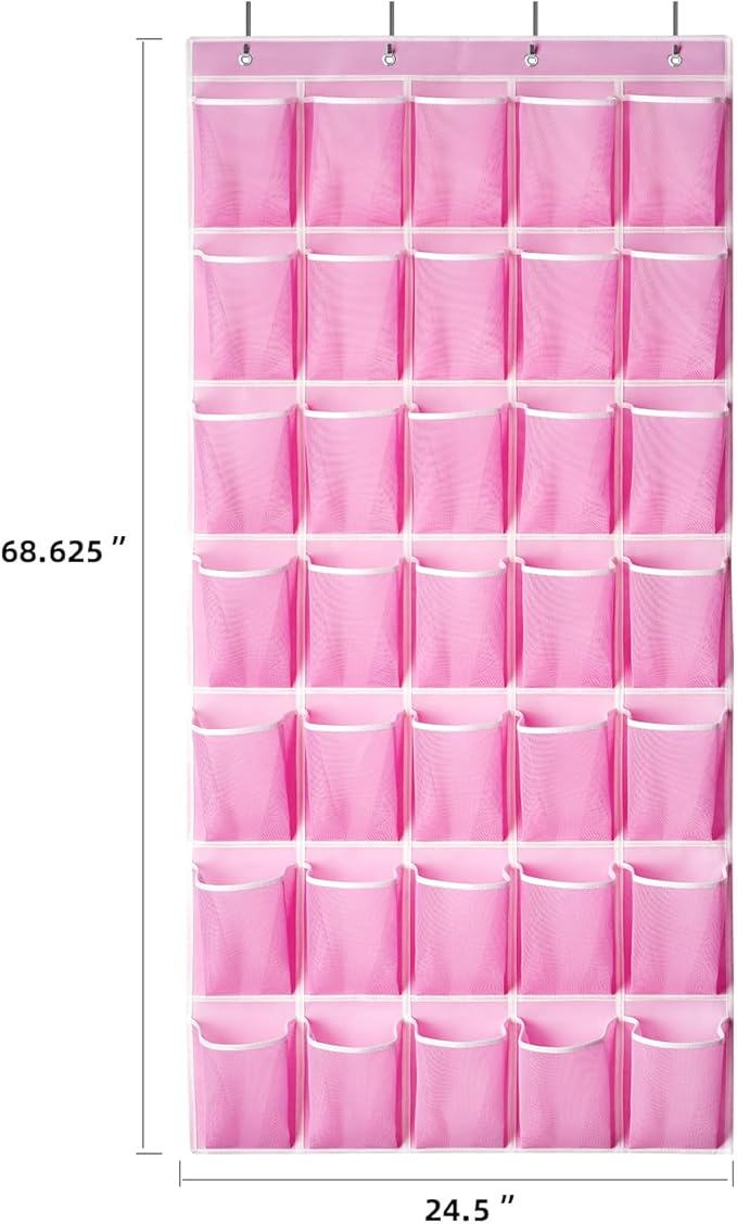 35 Pockets Over the Door Shoe Organizer, Hanging Shoe Organizer for Door with 35 Mesh Pockets Large Capacity Shoe Hanging Storage Bag with 4 Metal Hooks (Pink-1Pack)