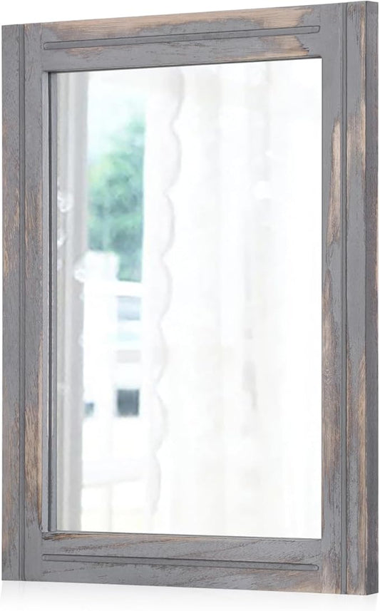 AAZZKANG Wood Framed Mirror Rectangular Rustic Wall Mirrors Decorative Large 26"x18" for Farmhouse Bathroom Living Room Bedroom Grey