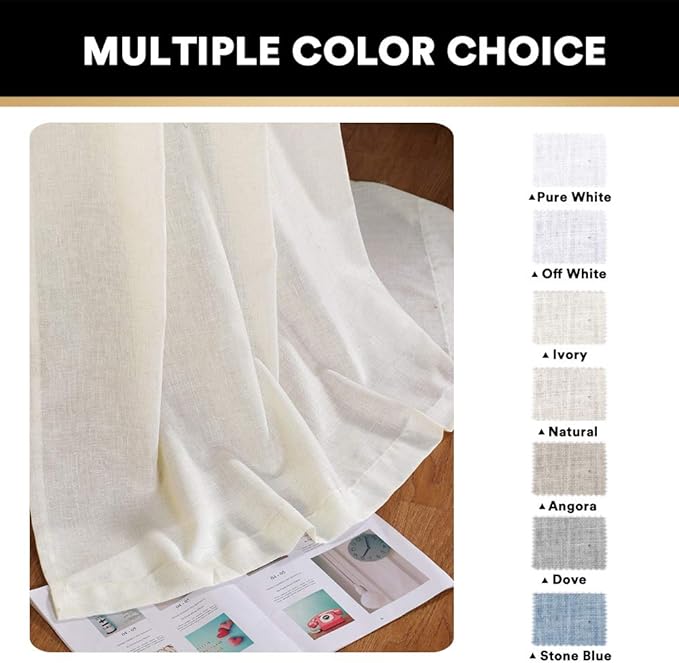 PrinceDeco Linen Curtains 63 inches Long for Bedroom Rod Pocket Curtains Modern Farmhouse Coastal Decor Elegant & Casual Curtains for Dining Room Office, 2 Panel Set,Ivory