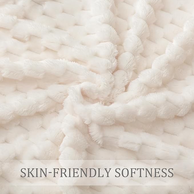 Exclusivo Mezcla Queen Size Soft Fleece Blanket, 90x90 Inches Stylish Jacquard Velvet Blanket for Bed, Fuzzy Cozy Lightweight for All Season, Ivory