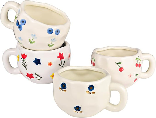 4 Pcs Ceramic Coffee Mugs Set of 4, 10 oz Hand Painted Floral Mug Cute Flower Cup Aesthetic Latte Art Cups for Office and Home Vintage Tea Cup for Cappuccino, Cocoa, Espresso - Microwave Safe