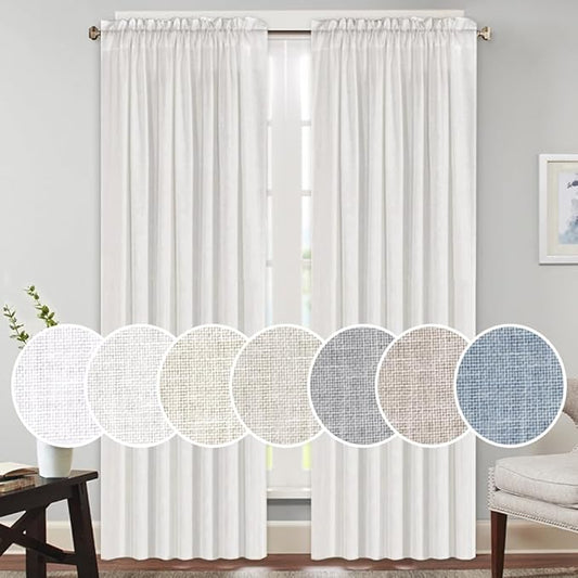 PrinceDeco Linen Curtains for Bedroom Living Room, Light Filtering Farmhouse Curtains 84 inches Long 2 Panels Set Burlap Look Farmhouse Country Decor(Off White, 52" W x 84" L)