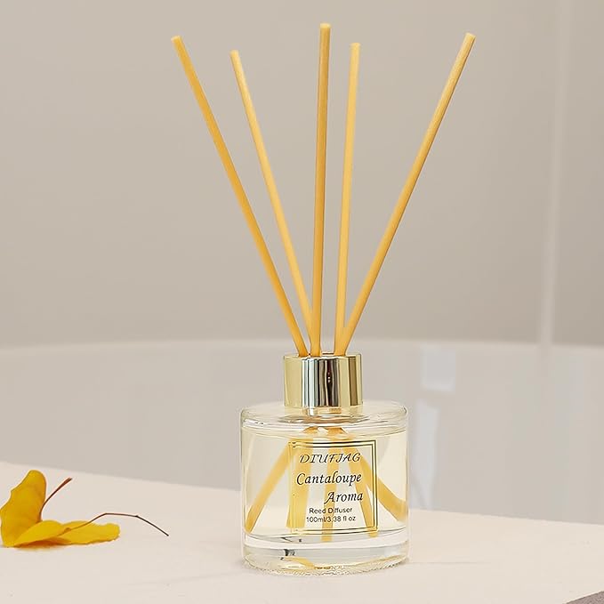 100ml Scent Diffuser with 6 Fiber Sticks, 3.5 oz Reed Diffuser Set Aromatherapy Fragrance Diffusers Air Fresheners for Home Bedroom Bathroom (Cantaloupe)