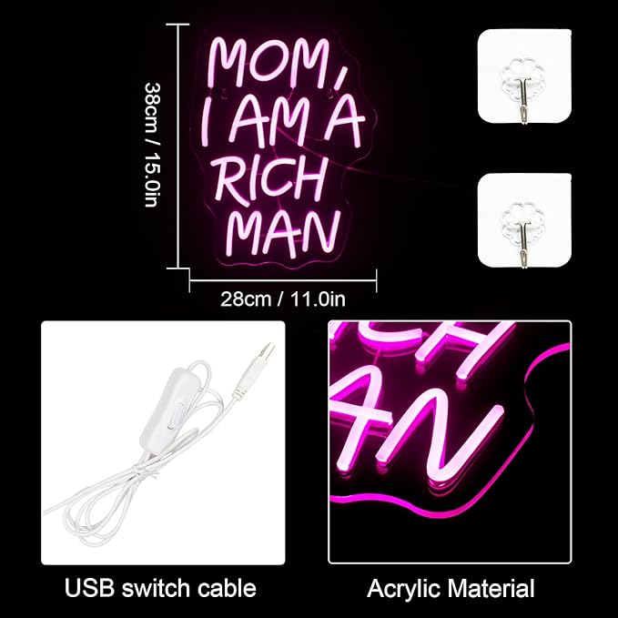 LUCUNSTAR Mom I Am A Rich Man Neon Sign,Neon Signs for Wall Decor,Pink Neon Sign,Neon Light for Wall,Led Signs Decor,USB Connectivity Led Neon Signs for Home Wall,Boys Room Decor,Man Cave Decor