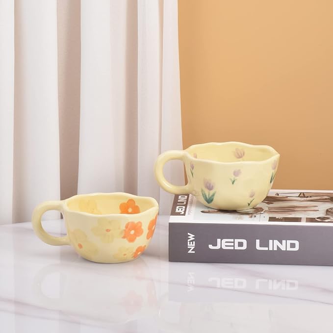 Koythin Ceramic Coffee Mug, Creative Flower Cup for Office and Home, Dishwasher and Microwave Safe, 8.5 oz/250 ml for Latte Tea Milk (Orange Flower)