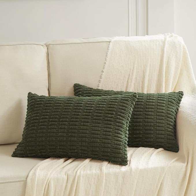 Fancy Homi 4 Packs Boho Olive Green Decorative Throw Pillow Covers 12x24 Inch for Couch Bed Sofa, Rustic Modern Farmhouse Home Decor, Soft Plush Corduroy Cute Square Cushion Case 30x60 cm
