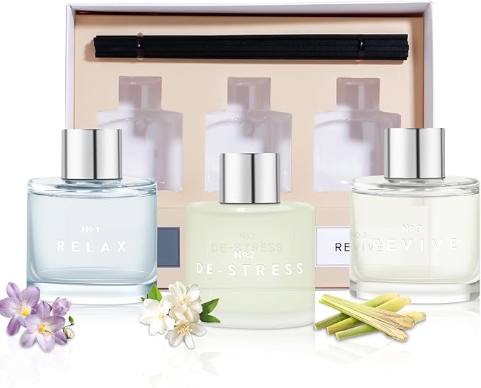 3 Pack Fragrance Reed Diffuser, 50ML Freesia Jasmine Lemongrass Aromatherapy Diffuser Set with 12 Black Fiber Sticks,Air Freshener for Bedroom Bathroom Office
