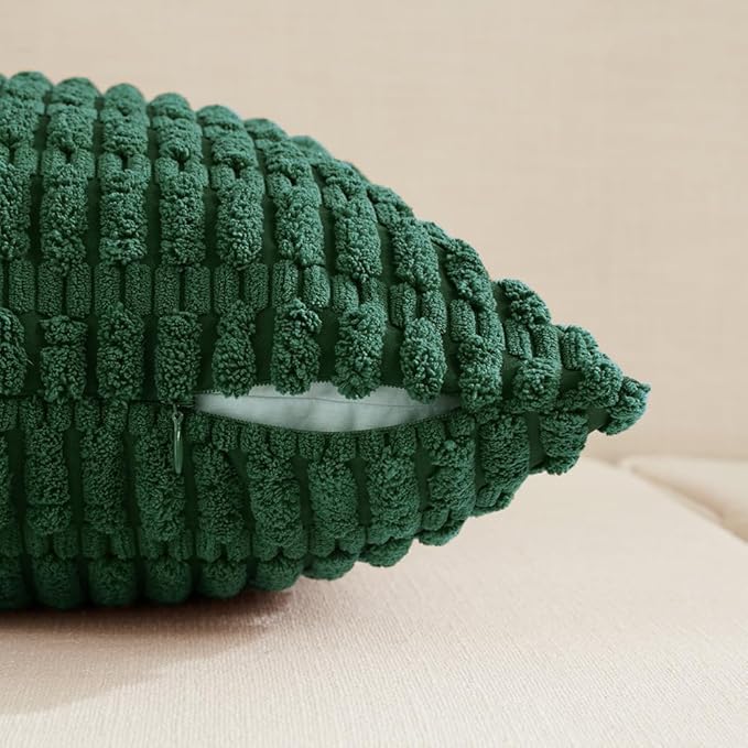 Fancy Homi Set of 4 Dark Green Boho Decorative Throw Pillow Covers 20x20 Inch for Couch Bed Sofa, Aesthetic Modern Bohemian Room Decor, Soft Fuzzy Fluffy Cozy Corduroy Textured Cushion Case 50x50cm