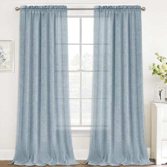 FantasDecor Stone Blue Linen Sheer Curtains 108 Inches Long for Living Room Country Rustic Farmhouse Light Filtering Rod Pocket Window Curtain Treatment Drapes for Bedroom, 52 W x 108 L,Stone Blue