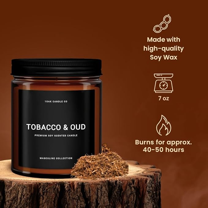 1OAK Tobacco & Oud Scented Candle - Tobacco Pipe Candle - 7oz (200g) - 40hr Burn Time - Soy Wax - Modern Home Fragrance