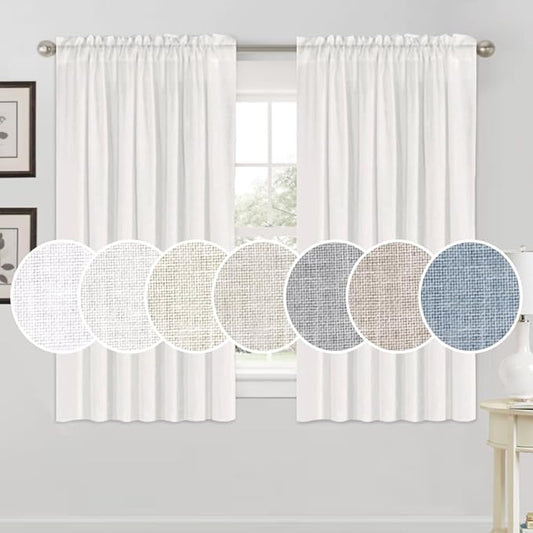 PrinceDeco Linen Blend Textured Bedroom Curtains, Rod Pocket Thick Linen Burlap Vertical Drapes Elegant & Casual with Light Filtering for Kid's Room, White, W52 x L63, 2 Pieces