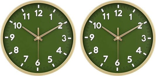 HIPPIH Wall Clock 2 Pack, 10 Inch Modern Wall Clocks Battery Operated, Non Ticking Silent Wall Clock, Simple Small Analog for Living Room, Bedroom, Kitchen, School, Office, Green