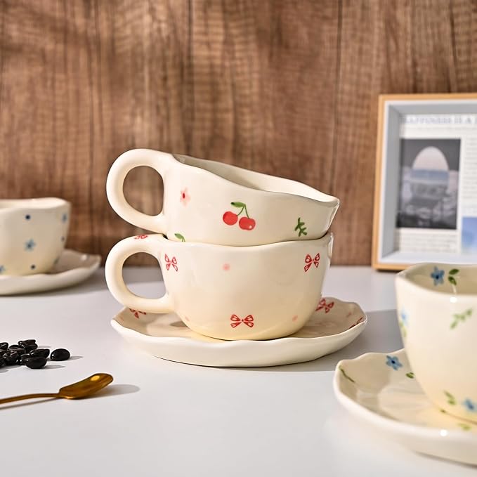 Koythin Ceramic Coffee Mug with Saucers, Handmade Flowers Mugs, Cute Cup for Girl Women, Aesthetic Tea Milk Cup with Handle, 8.5 oz/250 ml for Latte, Cocoa, Office, Home (Cherry Flower)
