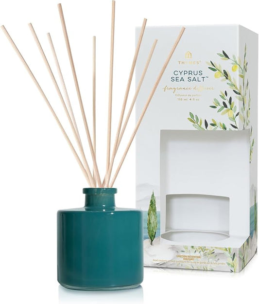 Thymes Petite Reed Diffuser Set – Includes Rattan Wood Sticks, Fragrance Oil, & Glass Bottle – Home Fragrance Oil Diffuser – Luxury Home Decor – Guest Bathroom Essentials (Cyprus Sea Salt, 4 fl oz)