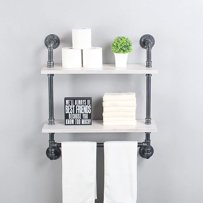 Iron Pipe Shelves, 2 Tier Industrial Bathroom Shelves with Towel Bar, Rustic Metal Pipe Wall Shelf, 24in - Retro White