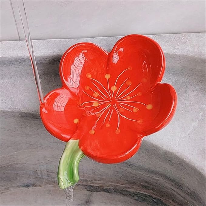 Ankah Decorative Ceramic Soap Box, Flower Shape Soap Dish, Self-Draining to Keep Dry Stop Mushy Soap Holder, Easy Cleaning, Best for Shower Bathroom and Kitchen (Peach Blossom, Red)
